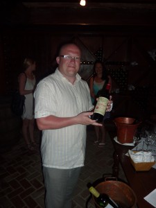 Leighton with a very, very expensive bottle of wine!