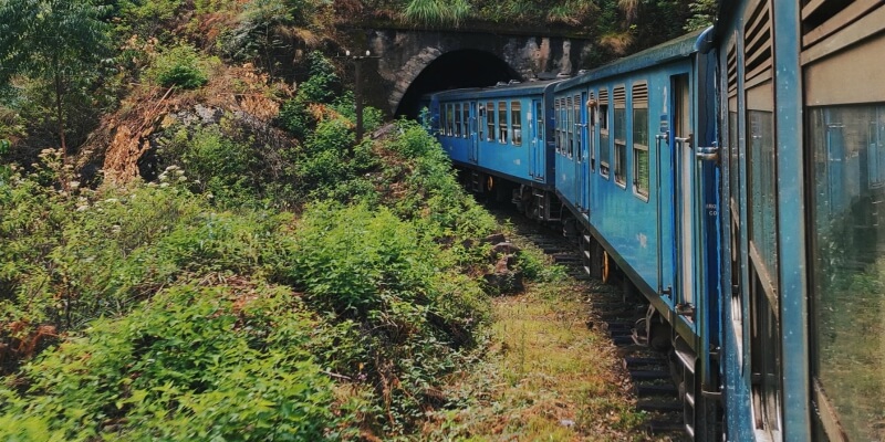 Train going through a tunnel in rural Sri Lanka