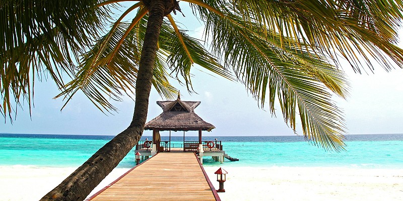 A pagoda looking out over the blue lagoon in the Maldives