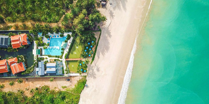 Aerial shot of beachfront location at Grand Mercure Khao Lak Bangsak, Thailand resort