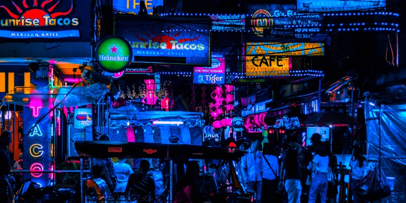 Row of shops and bars in Bangkok in  evening light 