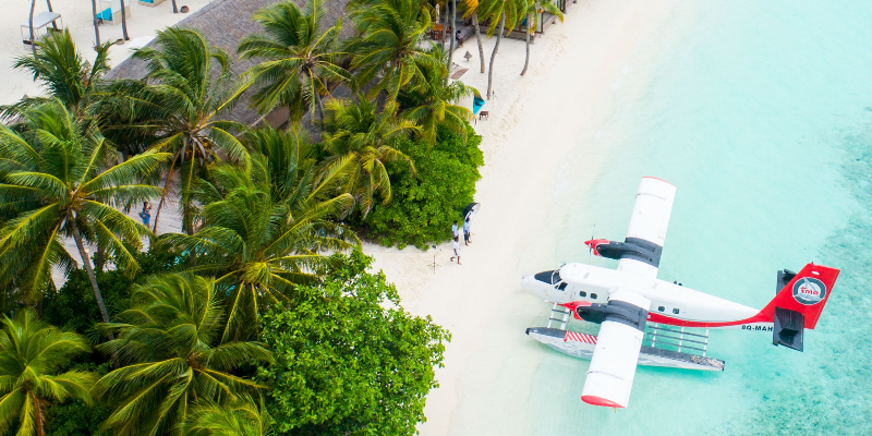 seaplane anchored off a Maldivian island