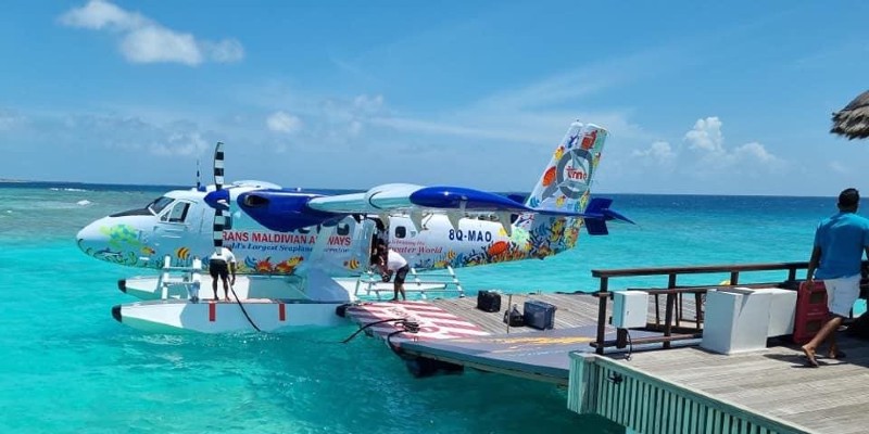 A seaplane docked in the Maldives