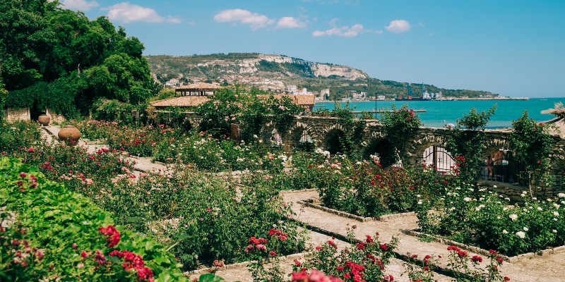 Viewpoint from a historical garden in Varna, Bulgaria looking out over the Black Sea