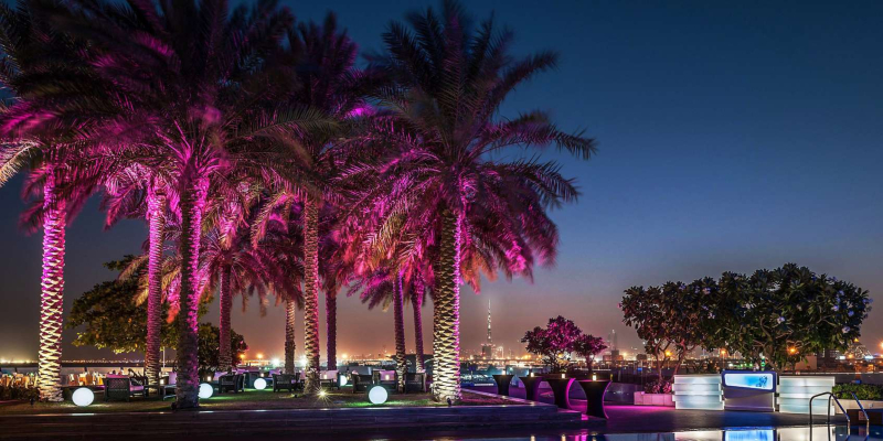 The waterfront area at night