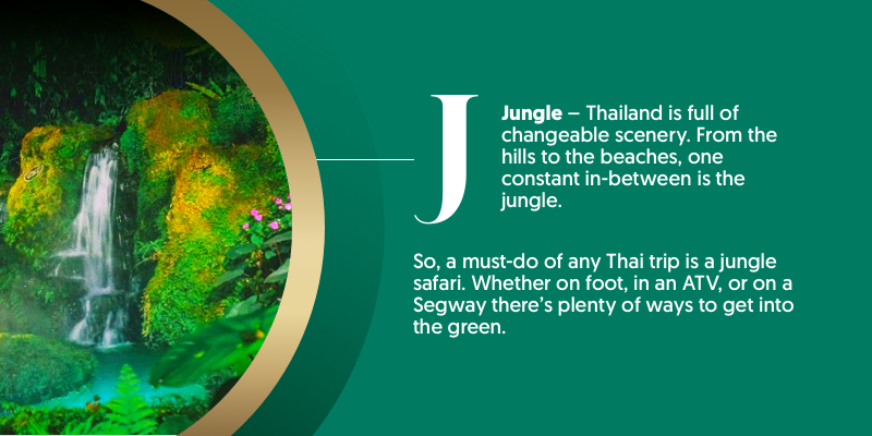 J - is for jungle. Thailand is famed for it's beaches, but much of the country is shrouded in lush jungle. Get out and explore it for an amazing adventure.