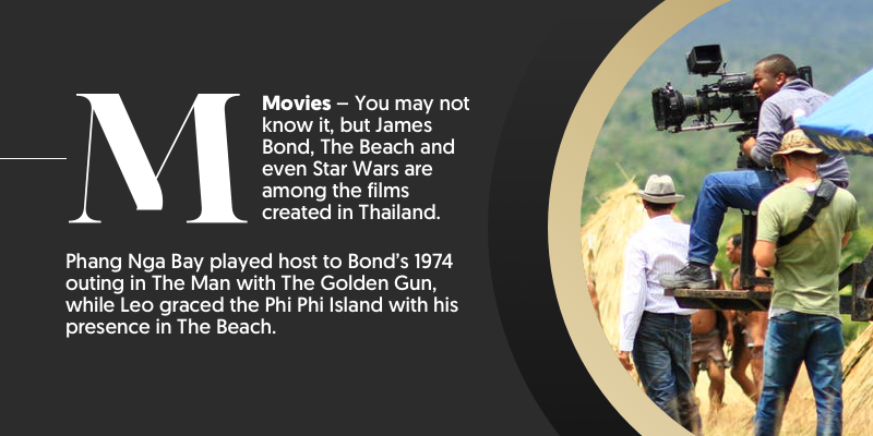 M - is for movies. Thailand has a famous history of being a regular on the silver screen. Many movies have been filmed here from James Bond to Star Wars. 