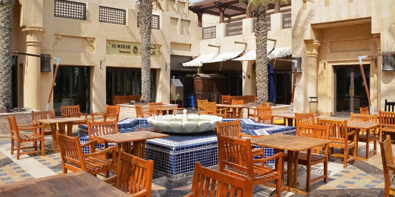 Empty restaurant courtyards in Dubai during Ramadan