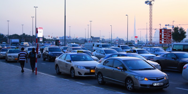 Traffic on the roads of Dubai at sunset