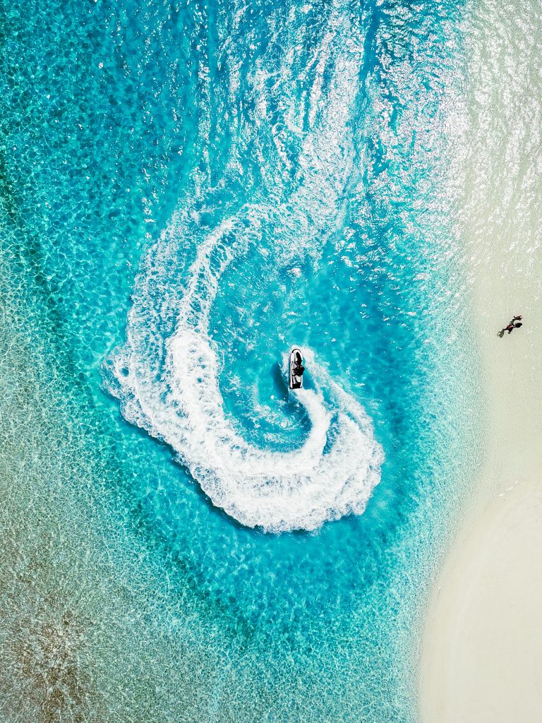 Aerial shot of a person jet skiing
