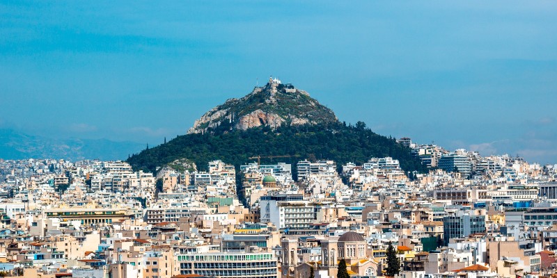 Mount Lycabettus overlooks the city.